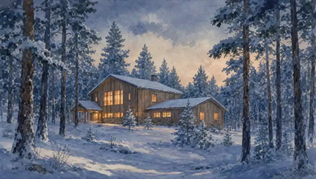 Watercolour illustration of a wood-clad building in a snowy pine forest, evoking a Sámi cultural centre
