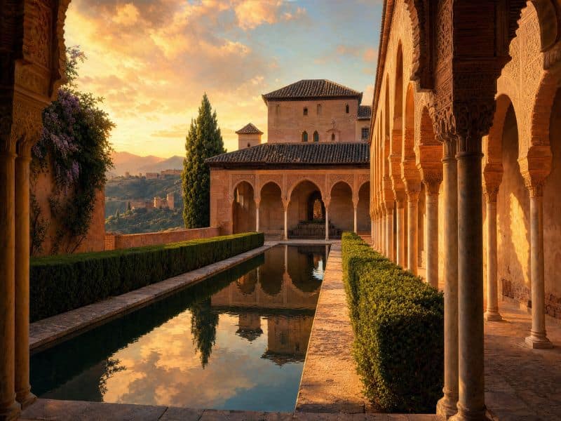 Illustration evoking the Moors in Spain: a Moorish-style courtyard with horseshoe arches and a reflecting pool at sunset