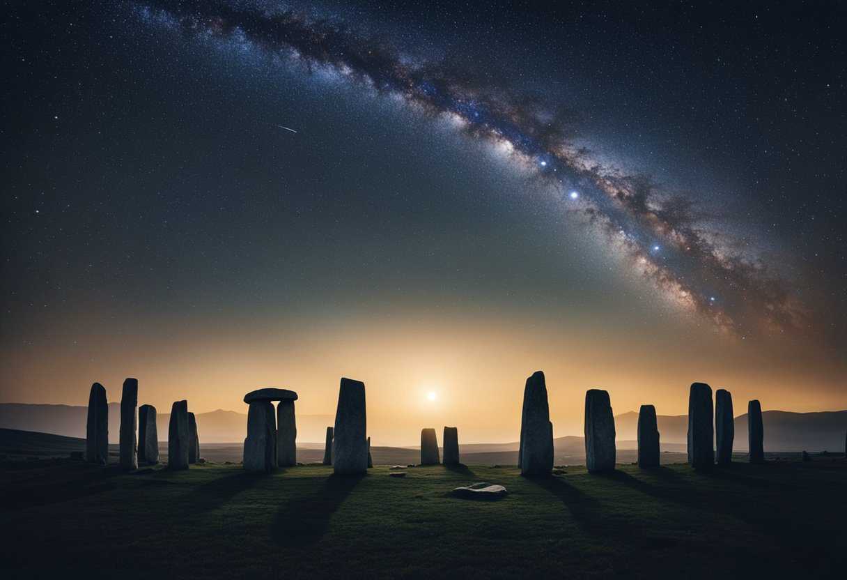 A stone circle stands under a starry sky, with a central monument aligned to the solstice sunrise. Surrounding landscape features other megalithic structures