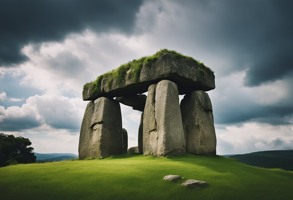 Ancient stone structures stand tall against a dramatic sky, surrounded by lush green landscapes. The imposing presence of megalithic monuments evokes a sense of mystery and awe