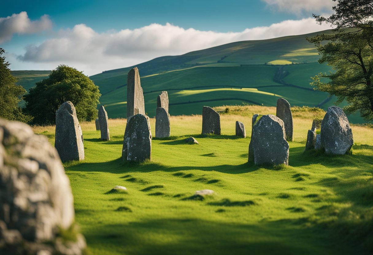 A stone circle stands amidst lush greenery, with a backdrop of rolling hills and a clear blue sky. The ancient monument is surrounded by a sense of mystery and history, evoking a connection to Ireland's rich ancestral past