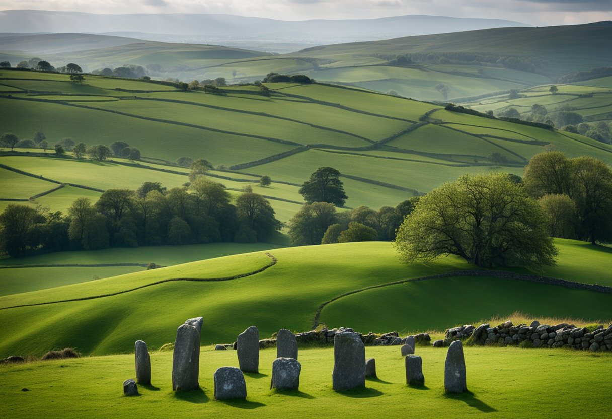 Rolling green hills dotted with ancient stone monuments, standing tall against the horizon. A sense of mystery and history emanates from the weathered megaliths, connecting Ireland to its ancient past