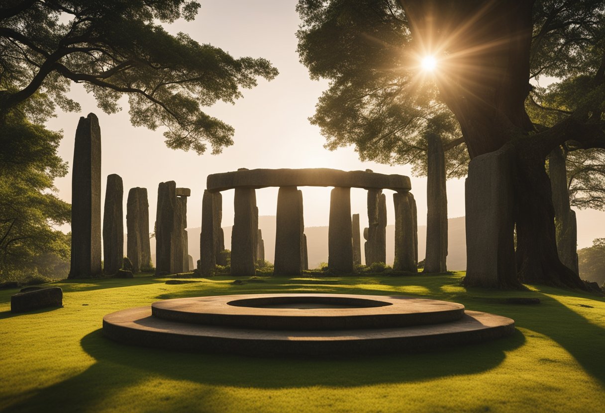 A stone circle stands on a lush green hill, surrounded by ancient trees. The sun sets behind the monument, casting long shadows across the landscape