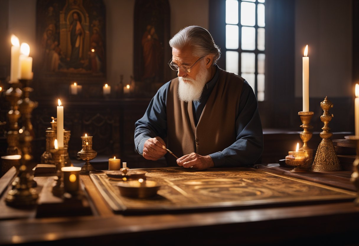 A serene iconographer sits at a wooden desk, meticulously painting an ornate religious icon. Soft candlelight illuminates the room, casting a warm glow on the intricate details of the artwork