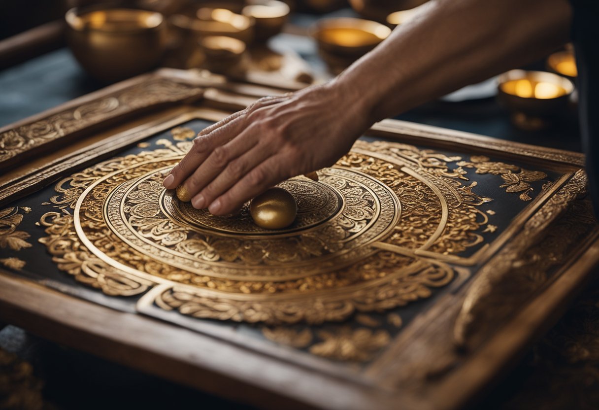 A table holds a wooden panel with intricate gold leaf designs. A painter mixes natural pigments with egg tempera, carefully applying layers to create a traditional Eastern Orthodox icon