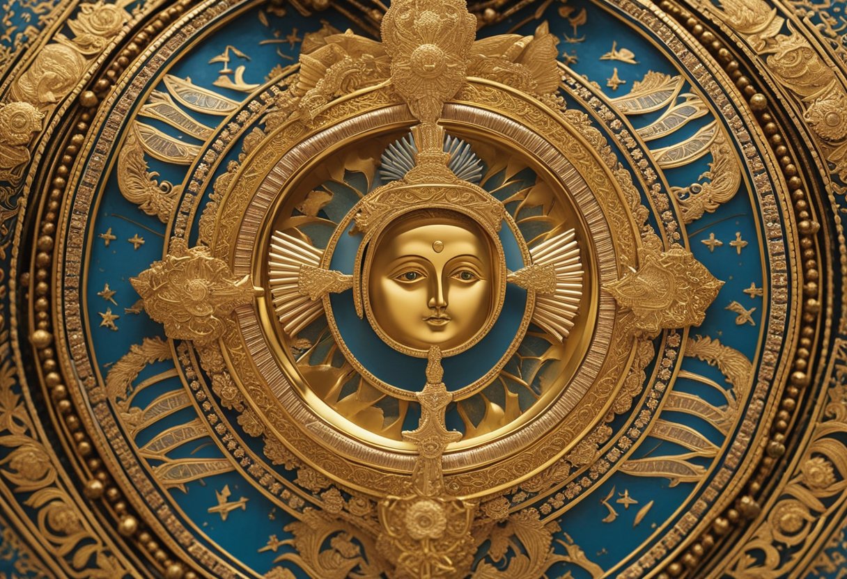 A golden halo encircles a vibrant icon, depicting a saint or biblical figure. Symbolic elements such as a dove, cross, and intricate patterns adorn the background, reflecting the rich tradition of Eastern Orthodox icon painting