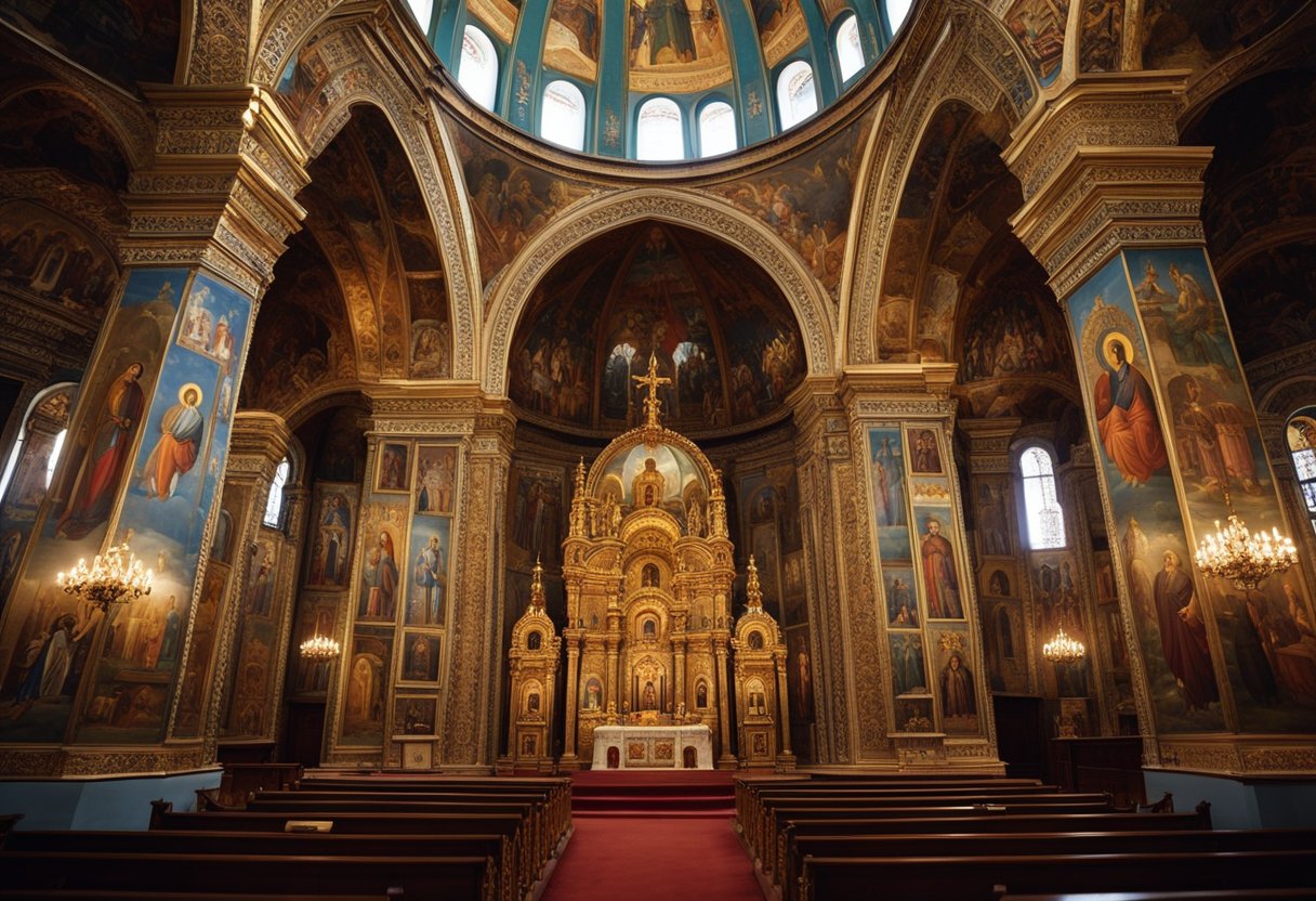 An ornate iconostasis stands at the center of the Eastern Orthodox church, adorned with intricate paintings of religious figures. The architecture of the church features domed ceilings and arches, creating a sense of grandeur and spiritual significance