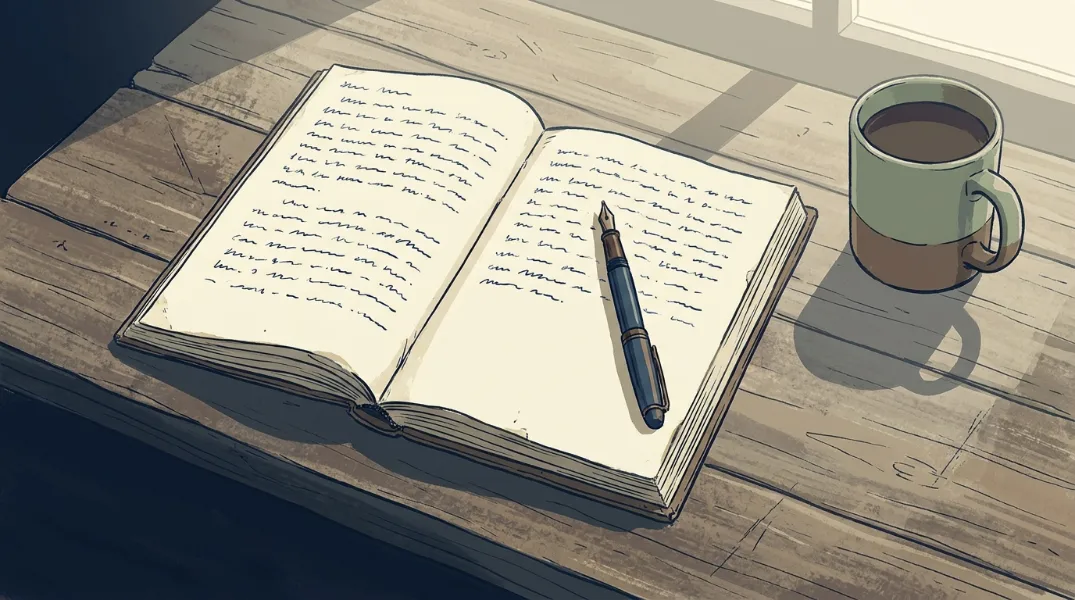 Illustration of a handwritten notebook of Irish proverbs on a wooden table