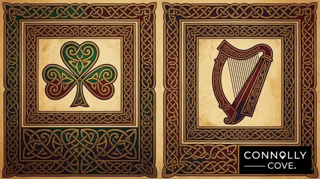 Two ornate Celtic designs—a green shamrock as an Irish clover symbol on the left and a brown harp on the right—are bordered by intricate knot patterns. CONNOLLY COVE is written in white in the bottom right corner.