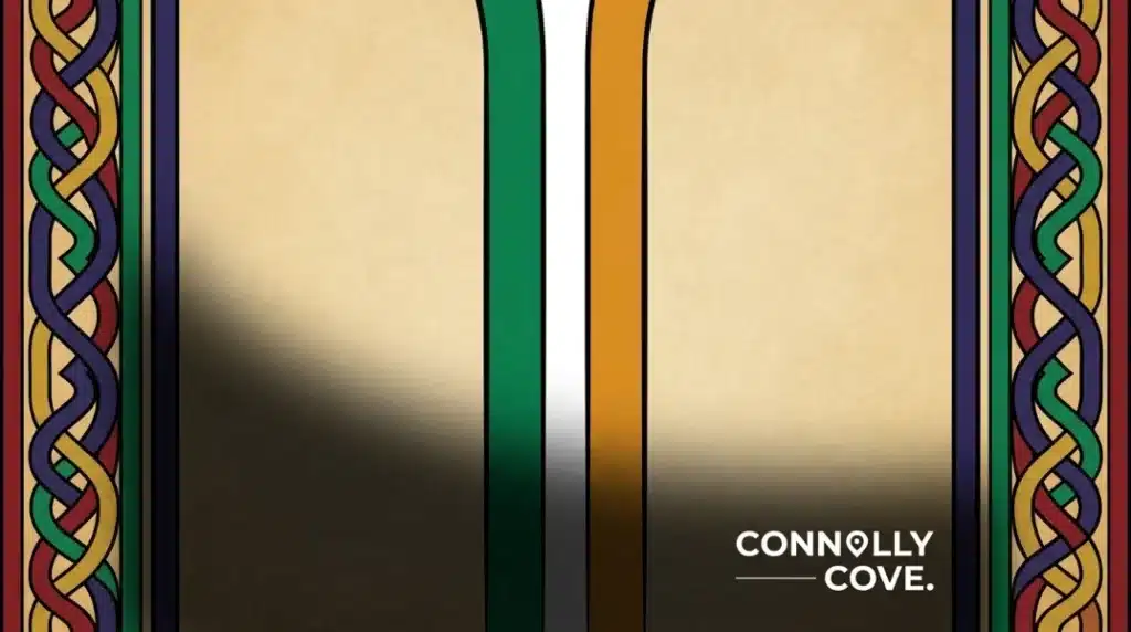 Celtic-style border with green and gold stripes framing a blank space, evoking Irish symbolism. The bottom right features the text Connolly Cove in white. A shadow partially covers the left side.