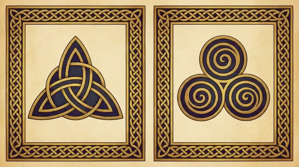 Two square panels with Celtic knot borders feature Irish symbols: a gold and navy triquetra on the left and a triskelion on the right, both evoking ancient symbols of Ireland on parchment background.