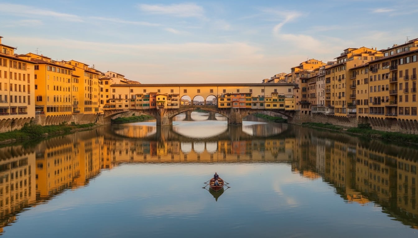 A small boat floats on a calm river beneath the historic Ponte Vecchio bridge in Florence, Italy, with yellow buildings reflecting in the water at sunset—a picture-perfect moment that highlights one of the many free things to do in Florence.