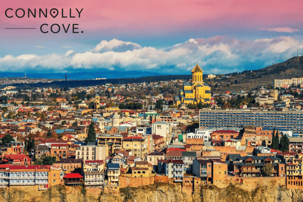 A beautiful panoramic view of Tbilisi at sunset in the Asian country of Georgia