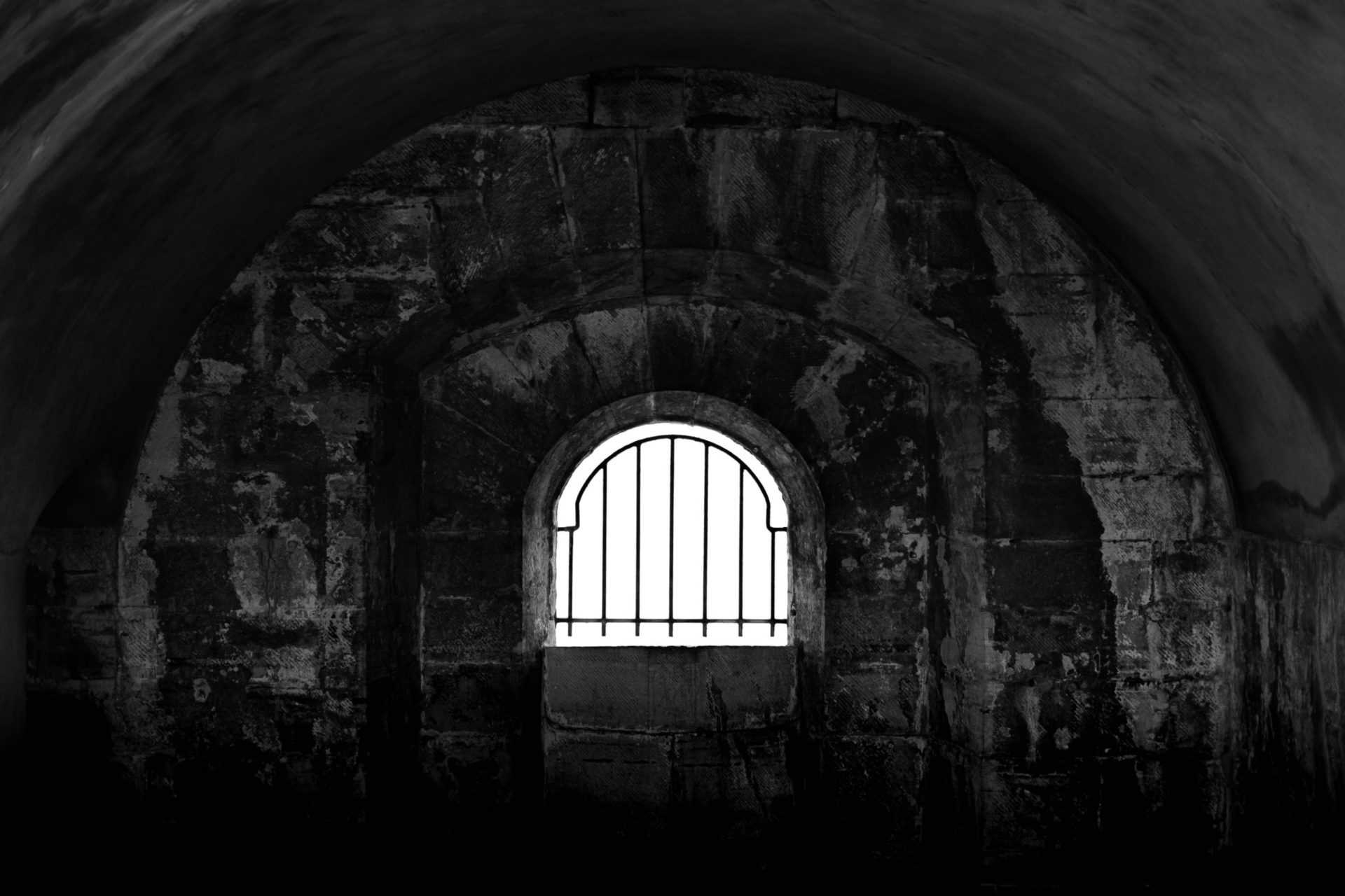 A castle's prison cell window in Portsmouth UK