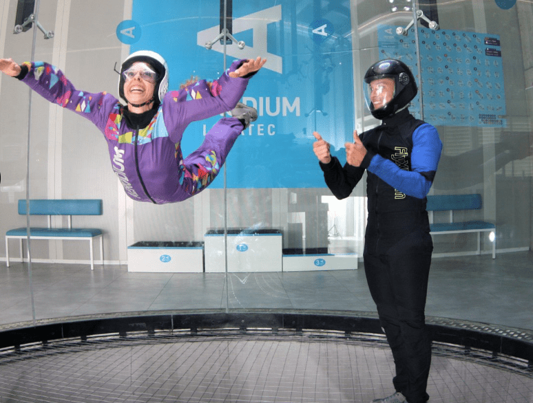 A woman flies at the Aerodium attraction in Slovenia