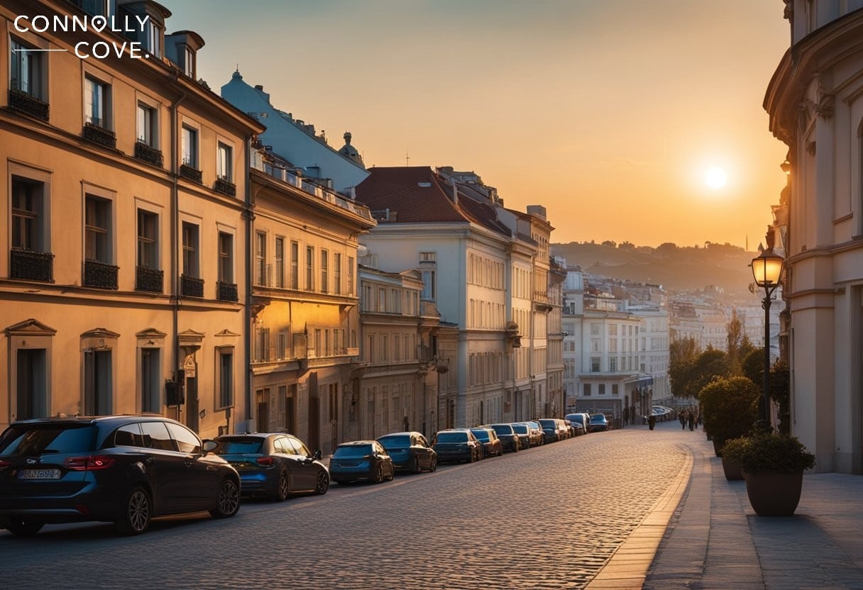 Before Trilogy, The sun rises over a cobblestone street in Vienna