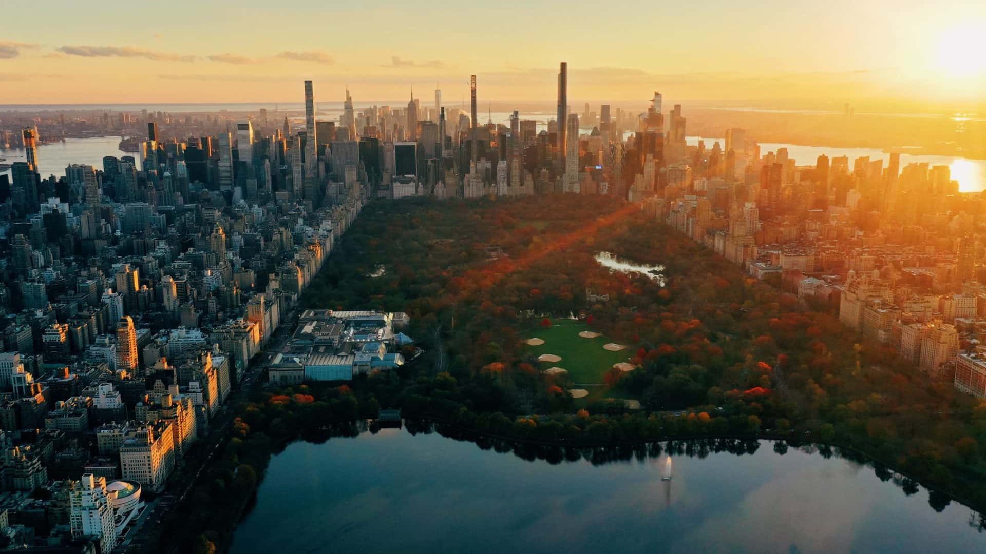 Aerial view of Central Park in New York City at sunset