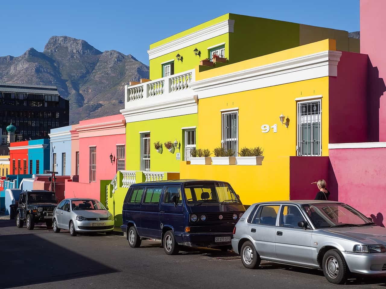 Colourful Buildings, Street, Car, House, Mountain