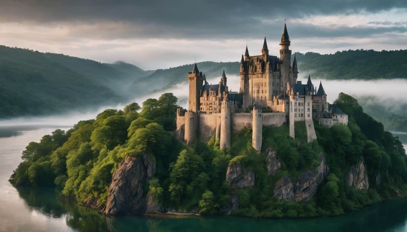 A majestic castle on a cliff surrounded by scenic landscape.