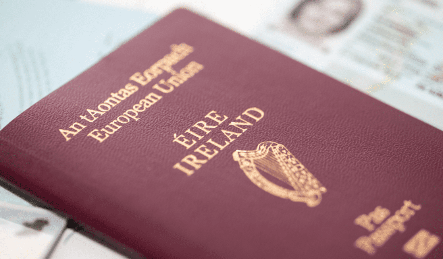 irish passport lays on the table waiting to be taken to South Korea