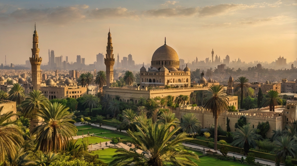 gardens in Cairo A large mosque with domes and minarets rises above palm trees and lush gardens in Cairo, set against the city skyline glowing at sunset.