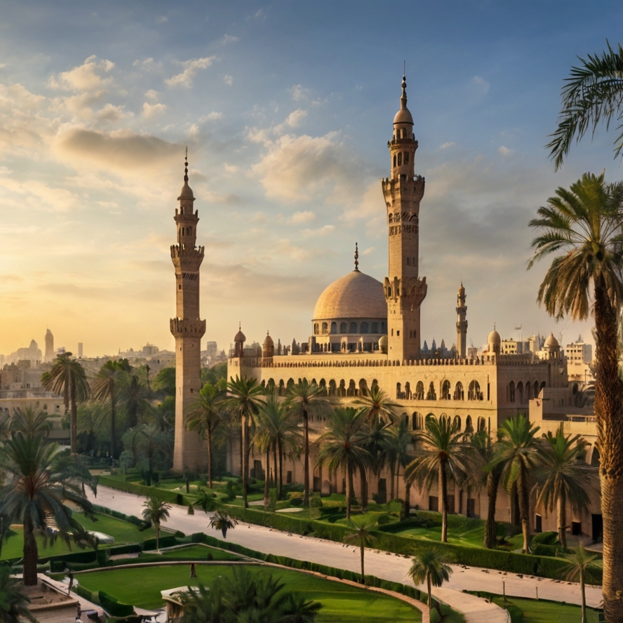 gardens in Cairo
A large mosque with multiple minarets and a central dome stands amid lush gardens in Cairo, surrounded by palm trees under a partly cloudy sky at sunset.