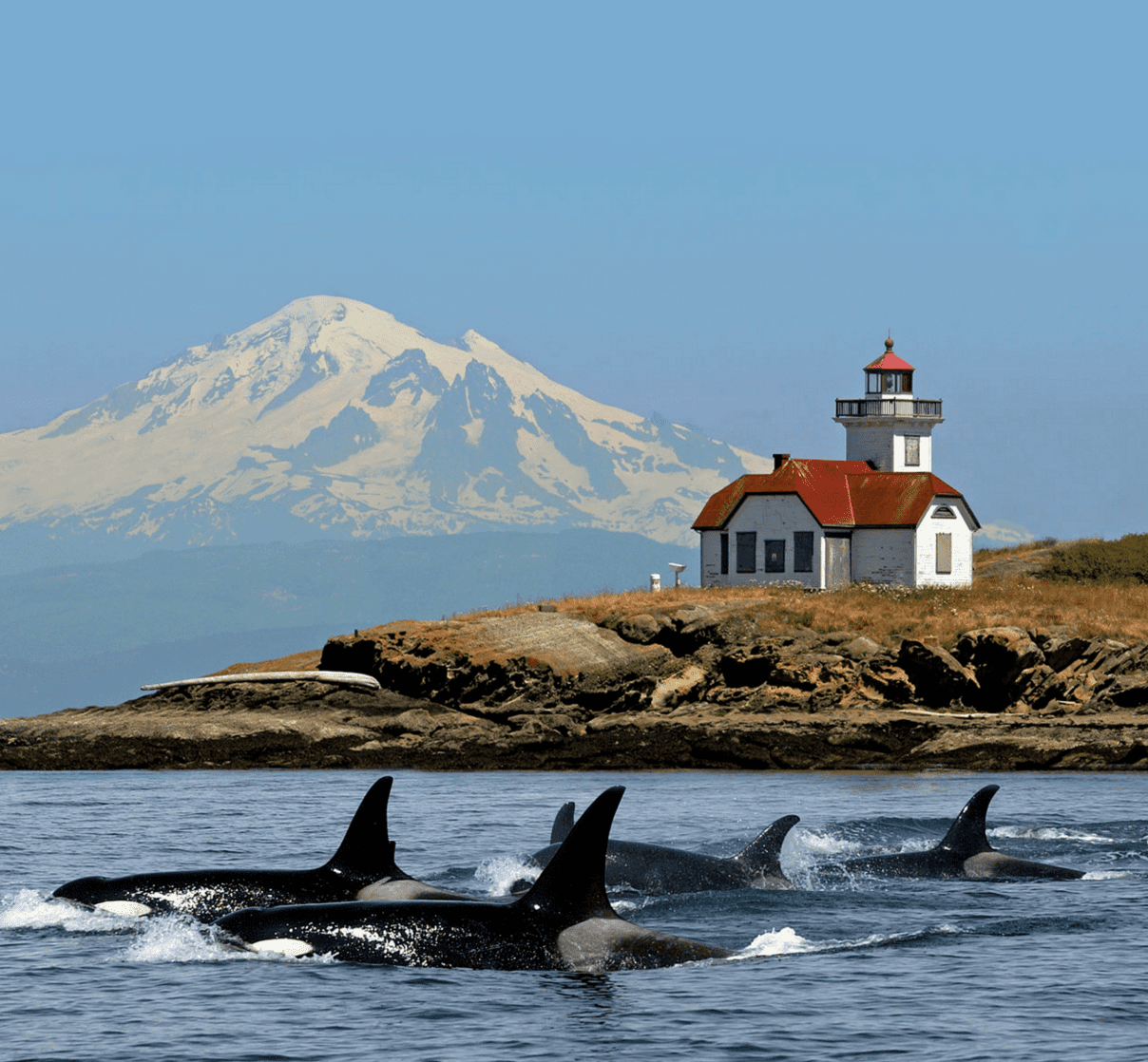 A pod of Orcas swim by the light house on San Juan Island in the Pacific Northwest