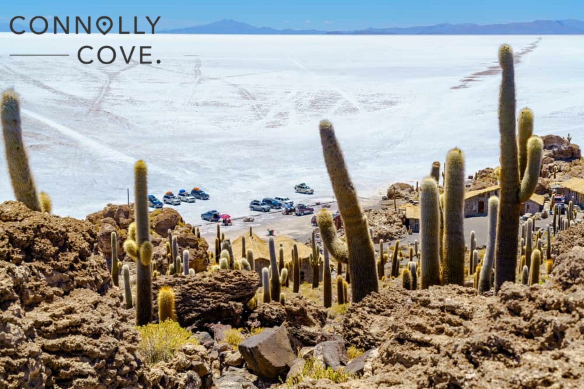 Tourists visiting Incahuasi Island in Salar de Uyuni Salt Flat for sightseeing and having lunch