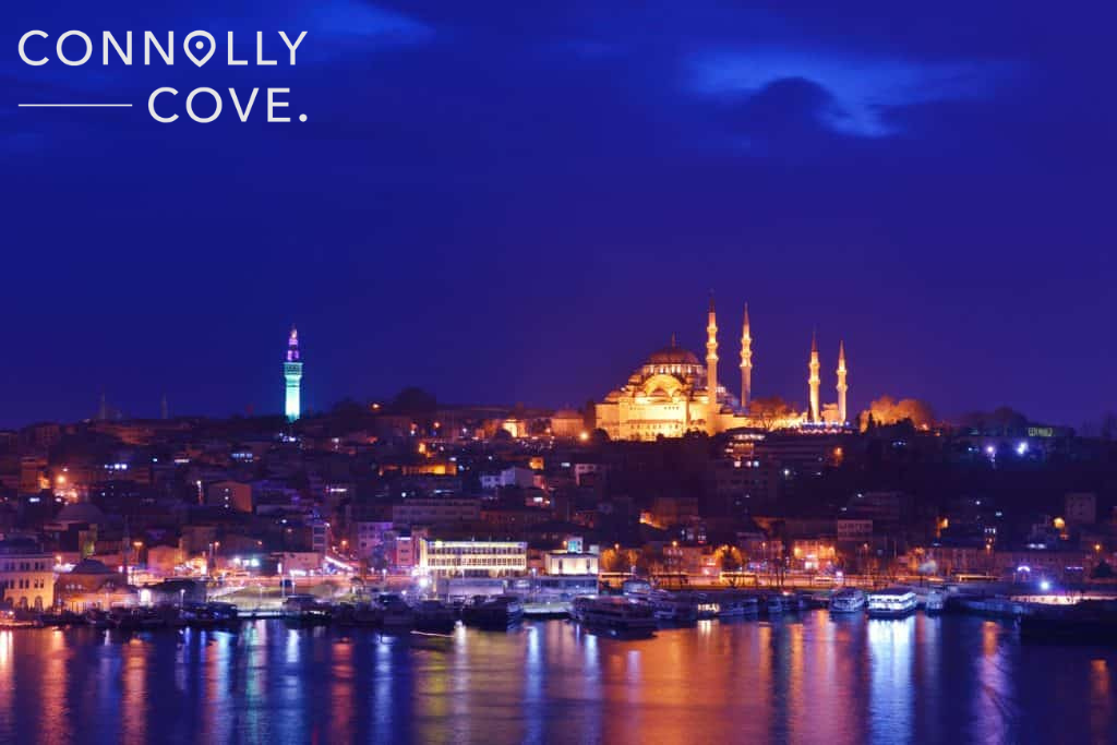 Sunset over The Blue Mosque Sultanahmet Camii in Istanbul Turkey