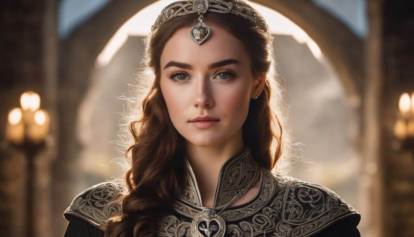 A woman wearing a Claddagh ring surrounded by Celtic symbols and traditional Irish artwork.