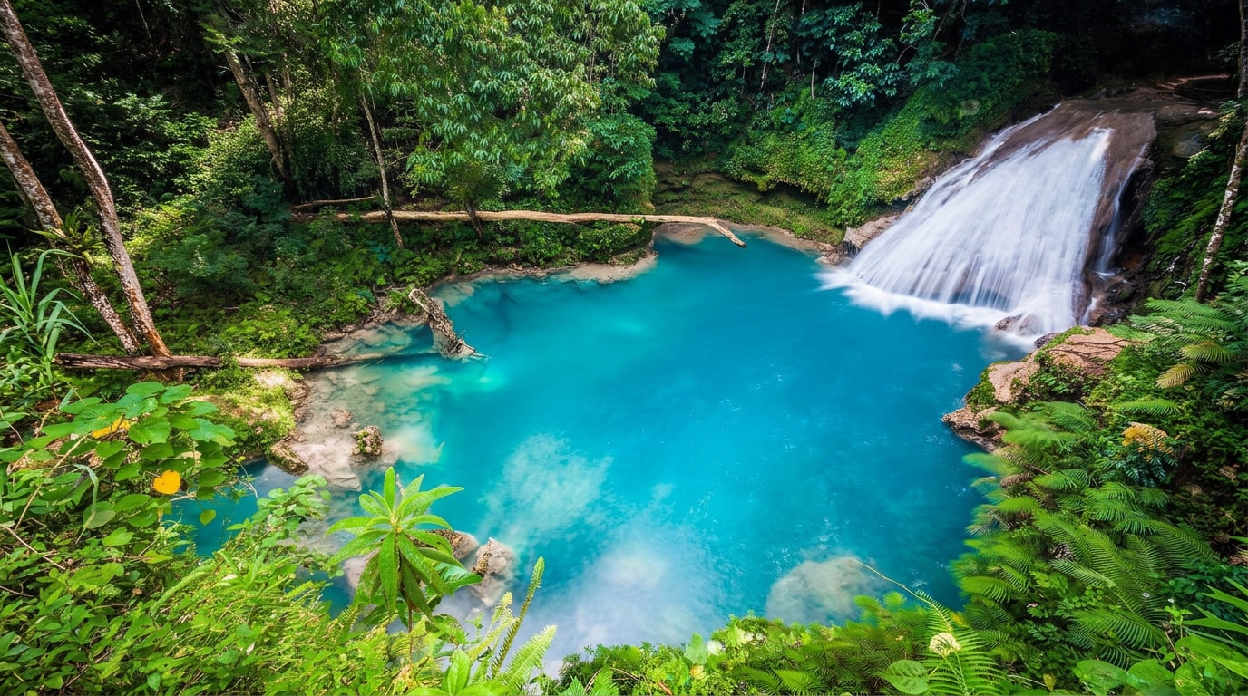 A vibrant blue pool, reminiscent of the tranquil waters of the Martha Brae River, is surrounded by lush green rainforest, with a waterfall cascading into the water and dense vegetation lining the edges.