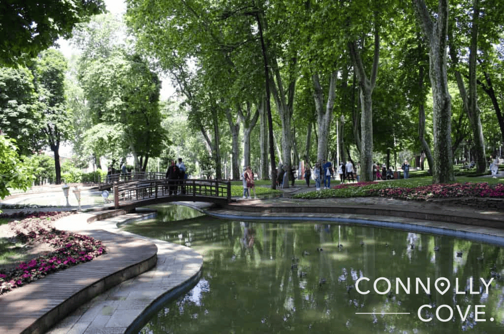 View of historical urban Gulhane Park in the Eminonu district of Istanbul. Topkapi Palace Turkey