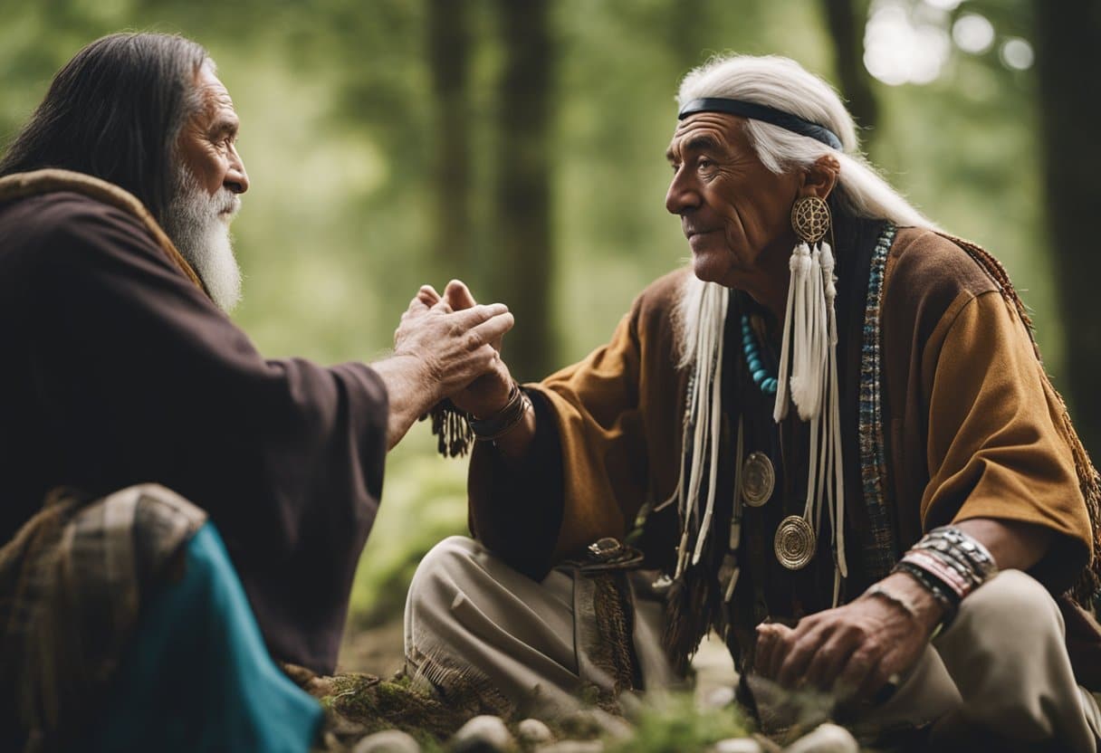 Healing Customs: A traditional Irish healer and a Native American shaman exchanging knowledge and remedies in a peaceful, natural setting