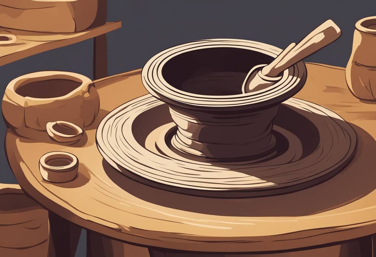 A potter's wheel spins as clay is shaped and molded with tools. A kiln fires finished pieces, releasing the earthy scent of pottery