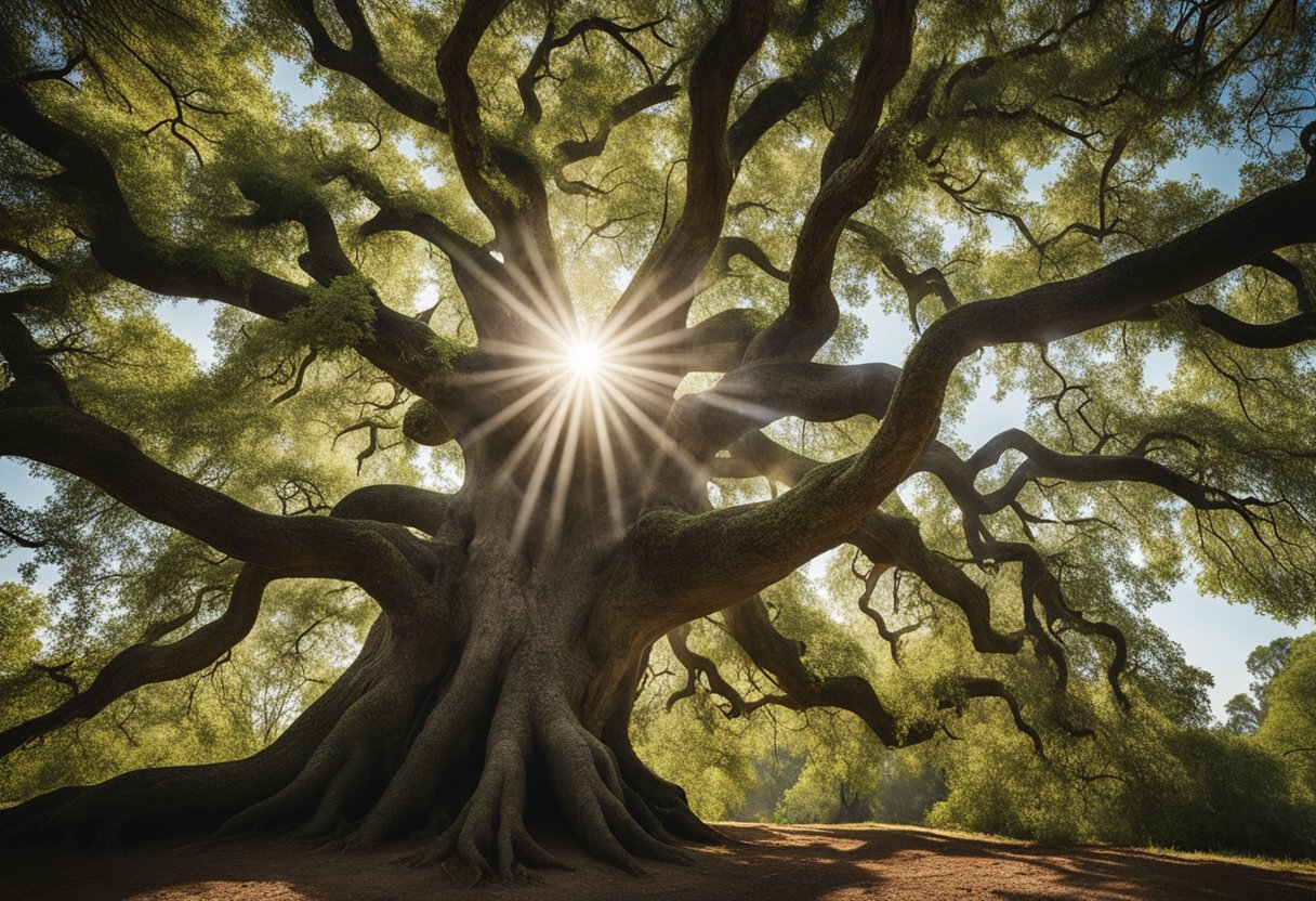 Sacred Celtic Trees and Their Meanings - A sacred oak stands tall, its branches reaching towards the sky. Surrounding it, other ancient trees symbolize strength, wisdom, and connection to the earth