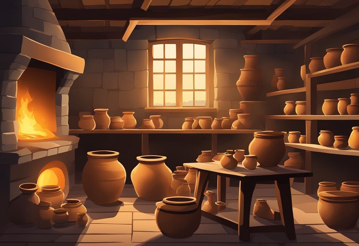 A kiln fires pots in a rustic Irish workshop. Clay pots sit on shelves, waiting to be transformed into beautiful pieces of pottery. The warm glow of the kiln adds a cozy atmosphere to the scene
