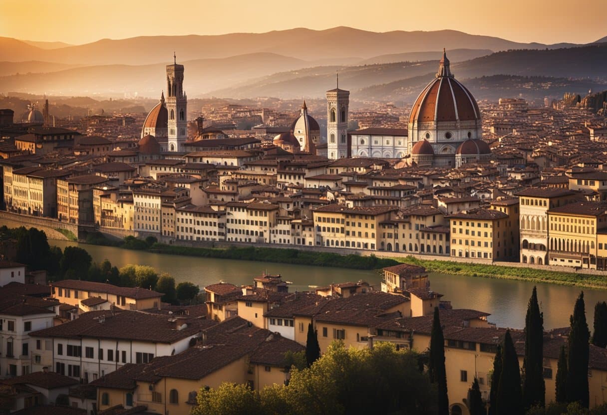 The sun sets behind the grand domes and towers of Florence, casting a warm glow over the intricate architecture of the Renaissance city
