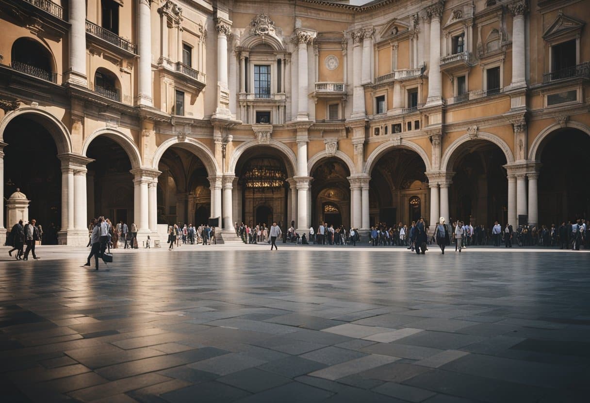 A bustling Italian city square, surrounded by grand architecture and bustling with activity. Artists, scholars, and political figures mingle, reflecting the diverse influences and legacies of the Renaissance era