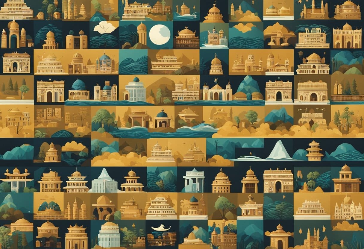 Global Flood Myths: A collection of diverse cultures' flood myths depicted in a comparative study, showcasing various symbols and motifs from different traditions