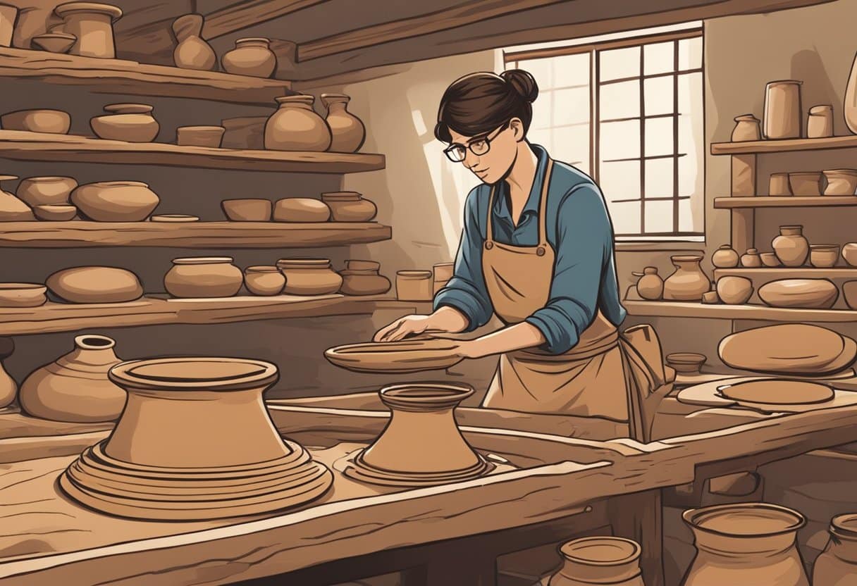 Potter shaping clay on wheel, coiling, pinching, and slab techniques demonstrated. Kiln in background