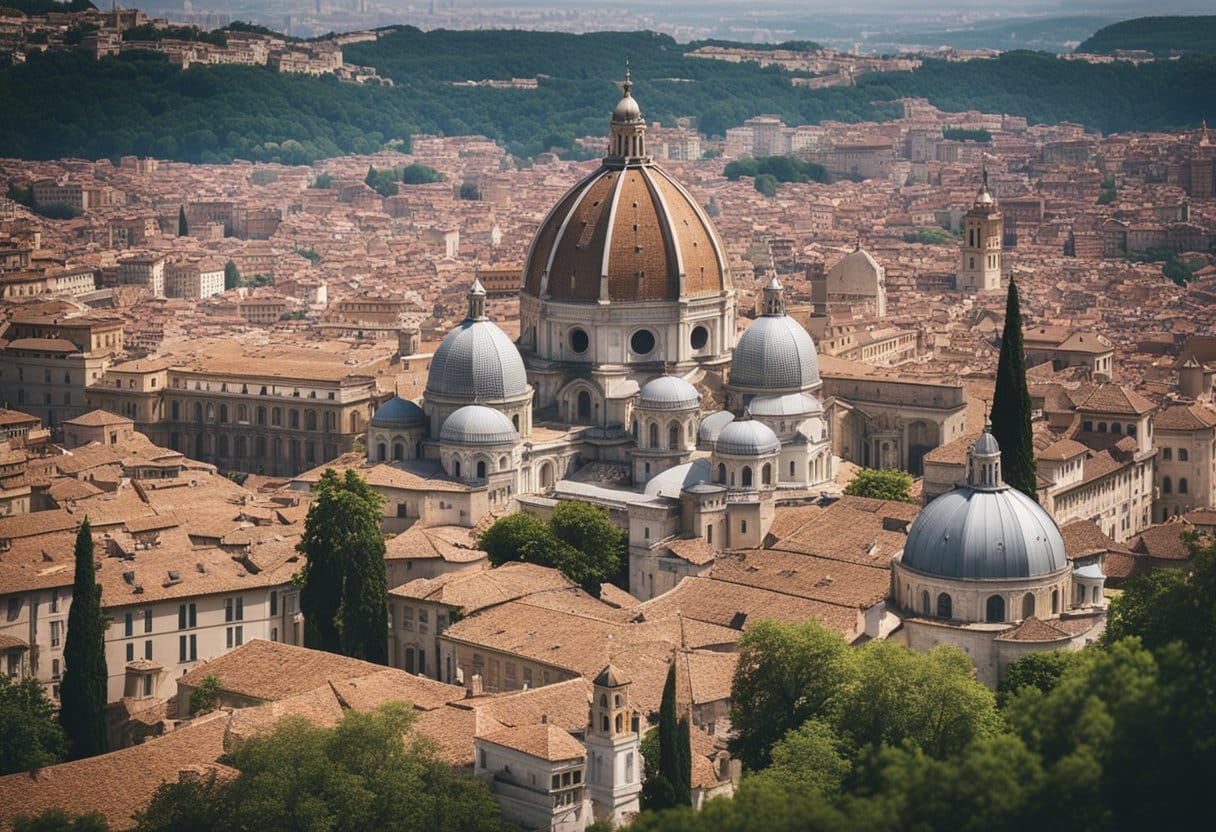 A bustling Renaissance city with grand architecture, bustling markets, and towering cathedrals, surrounded by lush green hills and flowing rivers