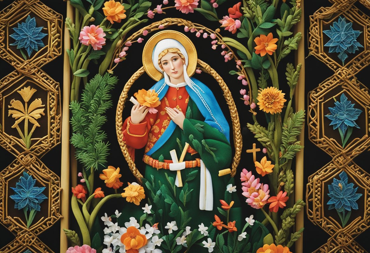 Saint Brigid's Day customs and folklore are depicted through a vibrant display of traditional crafts, such as weaving and cross-making, with a focus on preserving cultural heritage and looking towards the future