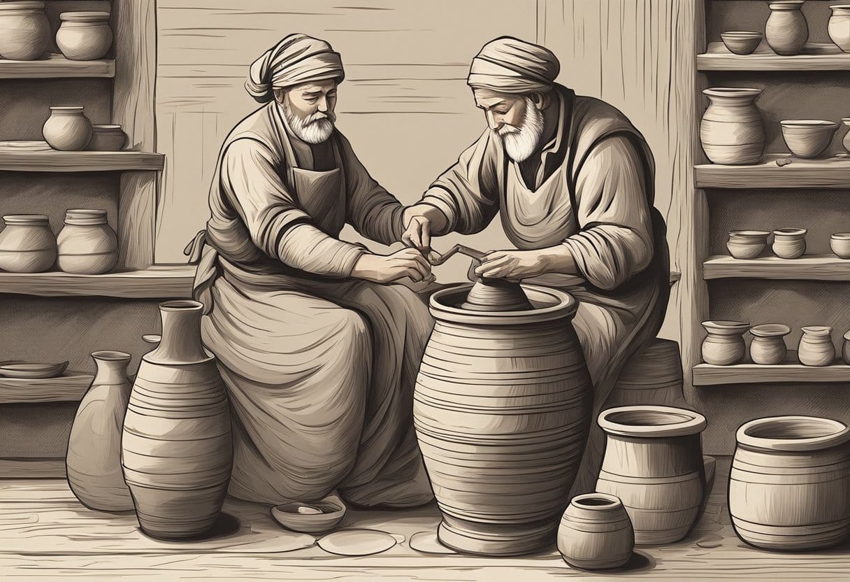 An artisan shapes clay on a spinning wheel, molding it into a vessel with skilled hands