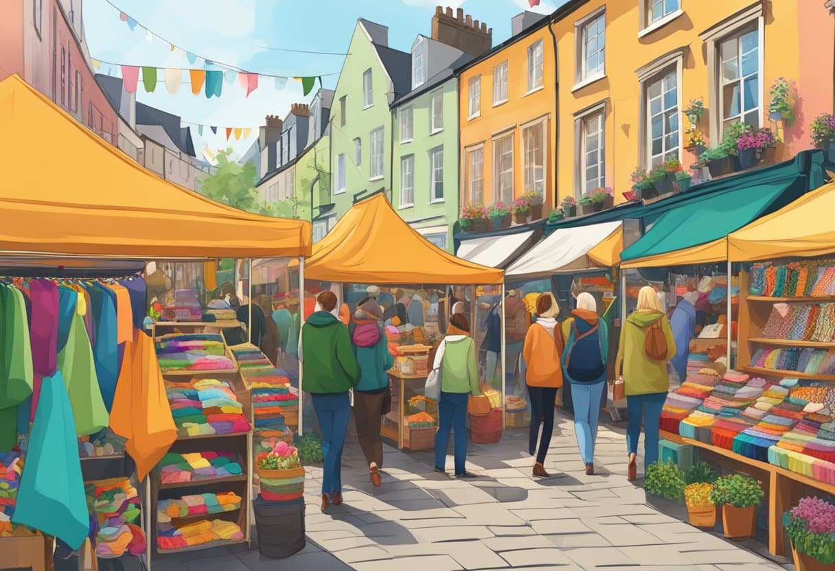 Colorful stalls line cobblestone streets, showcasing handmade ceramics, textiles, and jewelry. Visitors sample traditional foods and listen to live music