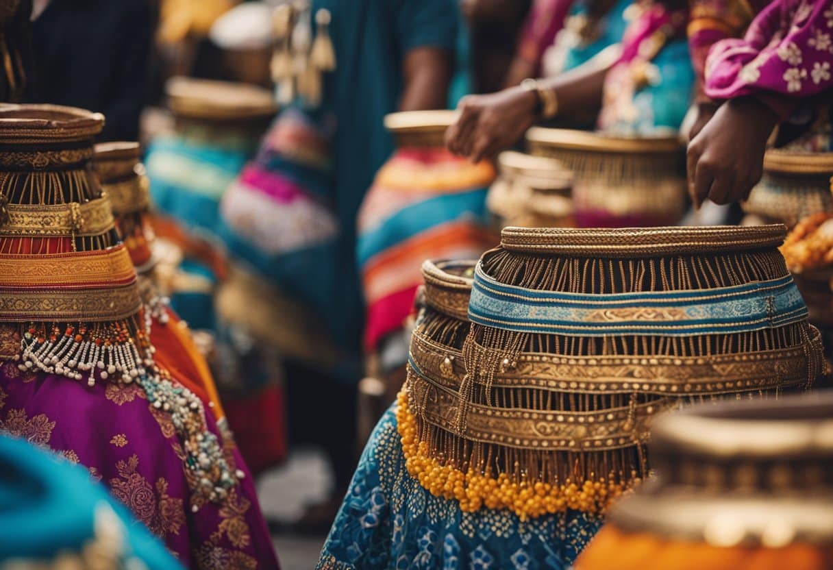 Vibrant colors and patterns adorn the bustling marketplace, where musicians play traditional instruments and artisans showcase intricate textiles and jewelry