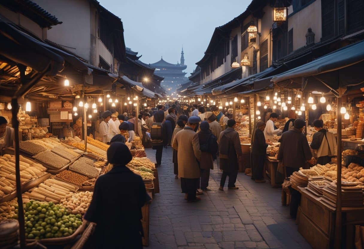 Vibrant market stalls display ancient manuscripts and diverse languages, surrounded by bustling merchants and travelers exchanging cultural treasures