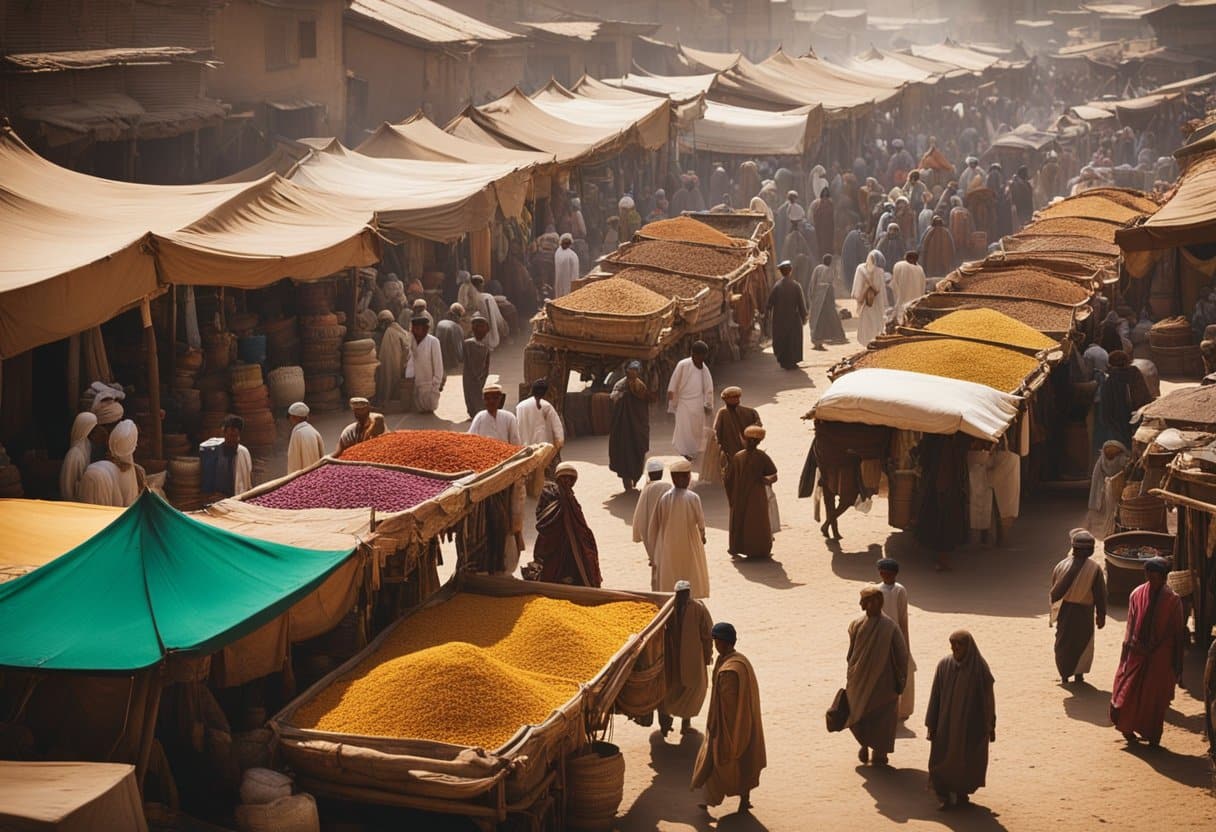 A bustling marketplace with merchants trading goods from the East and West. Caravans of camels and horses carrying silk, spices, and other treasures. A vibrant mix of cultures and languages
