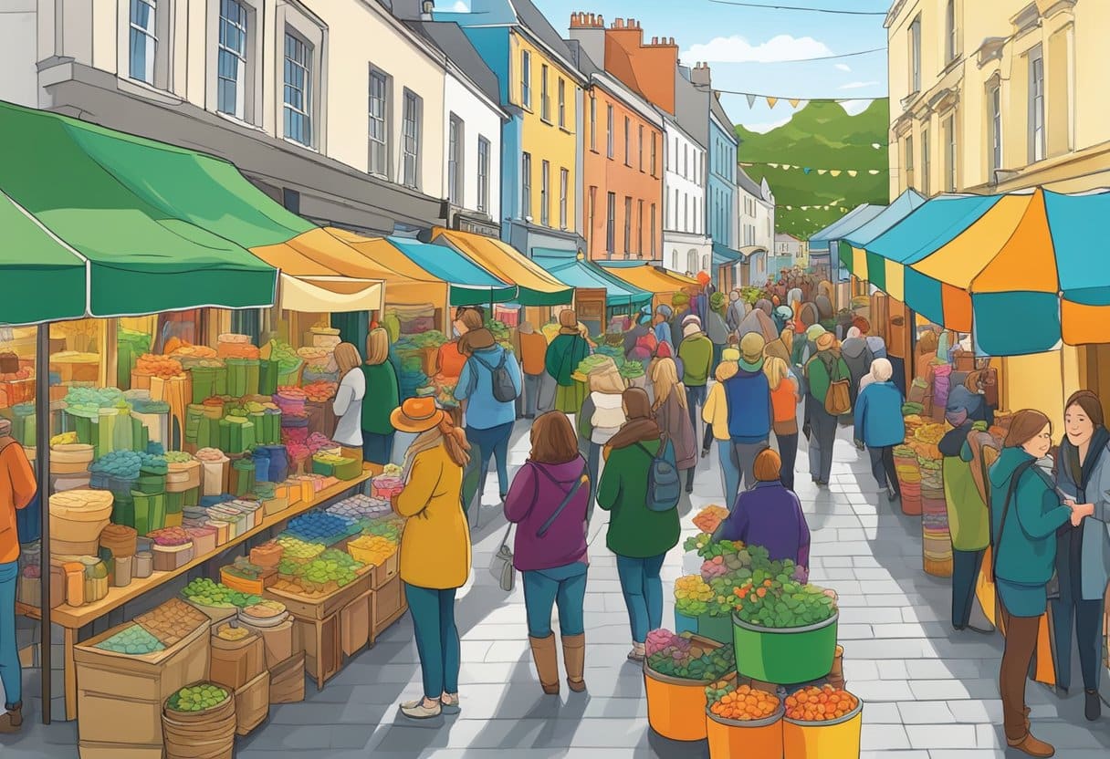 Vibrant craft market in Ireland, showcasing handmade Irish crafts. Colorful stalls and bustling crowds create a lively atmosphere