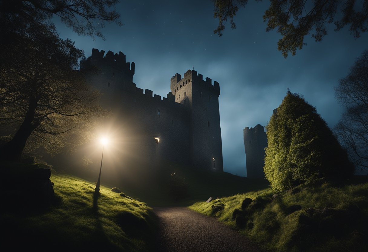 Ghost Stories from Irish Castles - Misty moonlight illuminates an ancient Irish castle, casting eerie shadows. Whispering winds carry tales of ghostly apparitions haunting the stone walls and echoing corridors