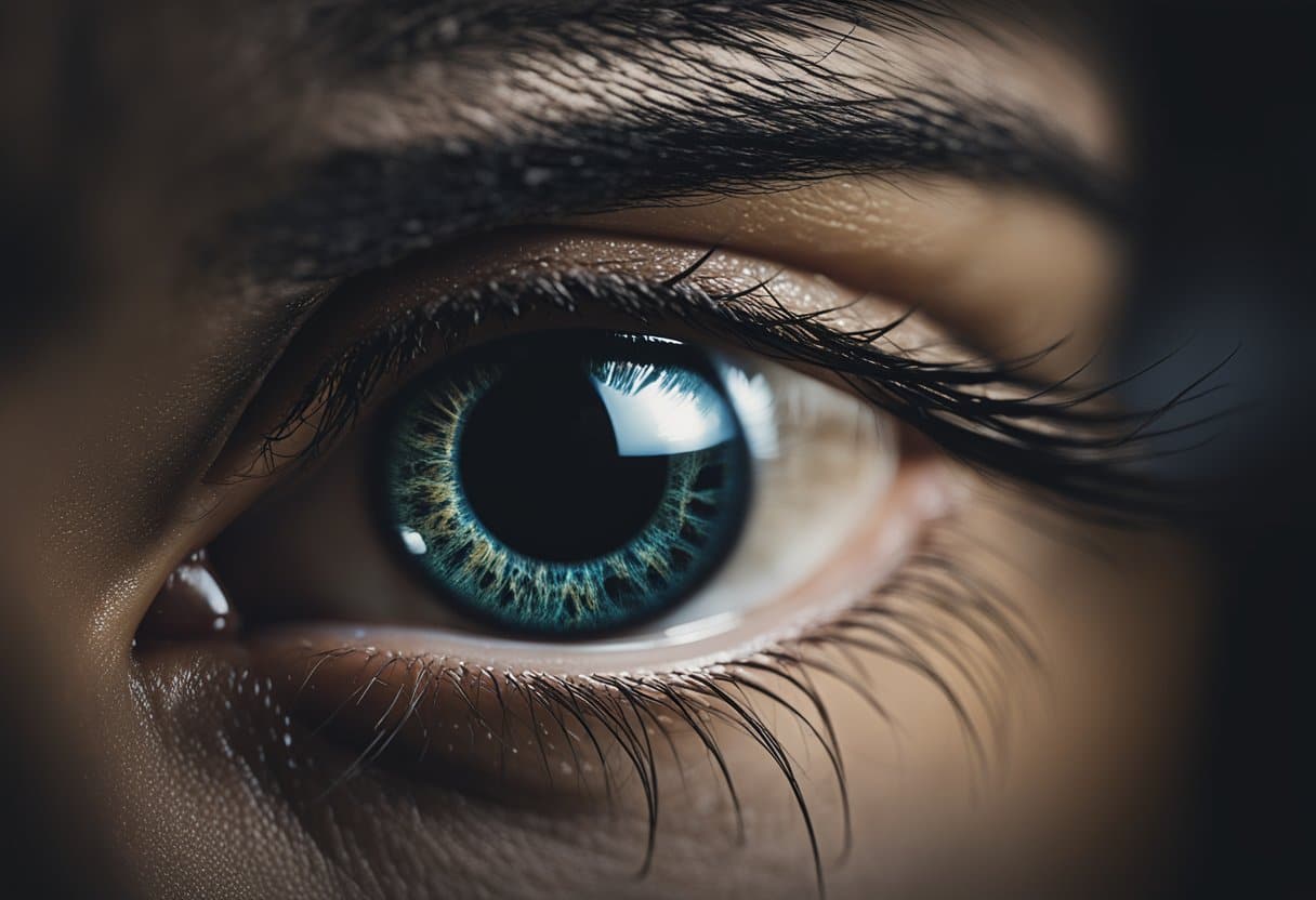 Evil Eye Myth - A dark, looming eye hovers over ancient civilizations, casting a shadow of fear and superstition. Symbols of protection and amulets adorn homes and bodies